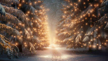 Narrow path in enchanted winter forest illuminated by golden fairy lights on snow-covered trees