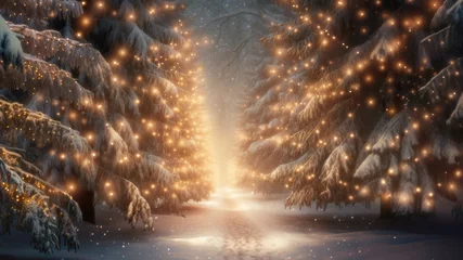 Fotobehang Narrow path in enchanted winter forest illuminated by golden fairy lights on snow-covered trees © ChaoticDesignStudio
