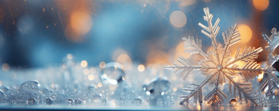 Frozen snowflakes on the glass. Beautiful Christmas background.