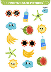 Find two same pictures. Summer elements. Game for children. Flat, cartoon, vector