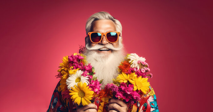 Portrait of a Happy mature man with white beard, flowers and red glasses
