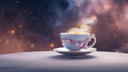 White teacup galaxy around saucer sets illustration picture AI generated art - obrazy, fototapety, plakaty