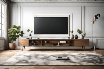 A Canvas Frame for a mockup majestically hung above a sleek, matte-finished TV console in a modern TV room