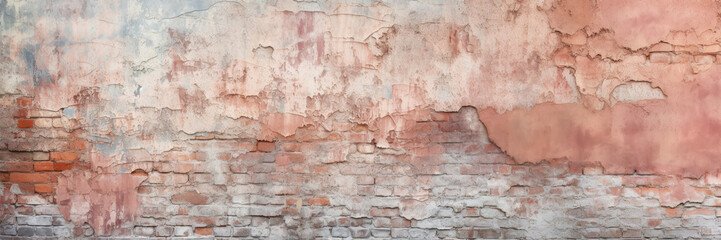 Vintage brick wall, old damage plaster texture background, wide banner
