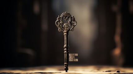 An old key is sitting on a table - obrazy, fototapety, plakaty