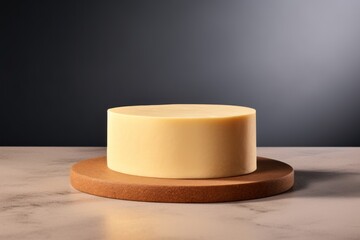 Appetizing round piece of organic cheese from natural milk on wooden board on gray background. Conceptual organic kitchen. Creative kitchen. Natural Crafted Foods.