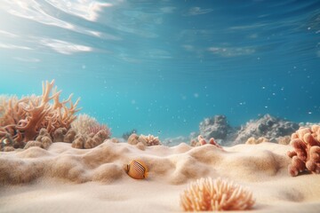 beautiful view of the seabed. corals. water penetrated by sunlight.