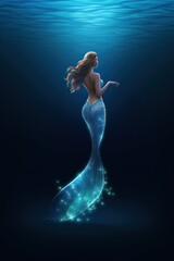 wonderful mermaid in sea water. sun rays. clear blue water. - obrazy, fototapety, plakaty