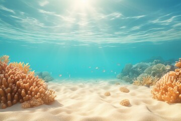 Naklejka na ściany i meble beautiful view of the sea floor. corals. exotic small fish. water pierced by sunlight.