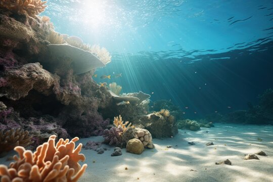 luxurious marine banner. underwater landscape. sunlit shelf view, coral thickets