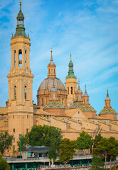 Fototapeta na wymiar Selective focus on Basilica of Our Lady of Pillar in Zaragoza city, Aragon in Spain.