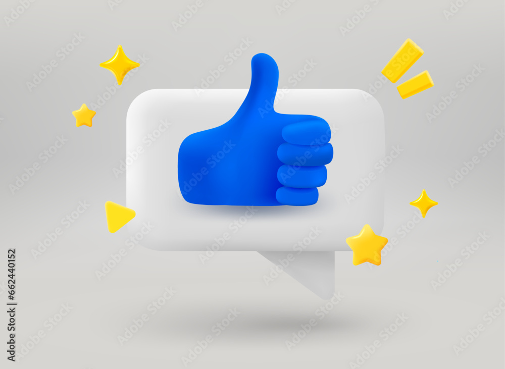 Poster speech bubble with thumbsup symbol. 3d vector illustration