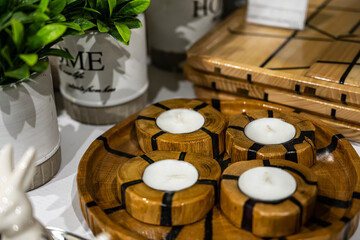 Home decor. Candles on the table. Room decor.