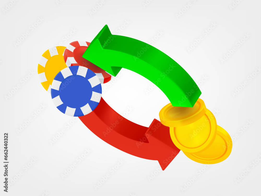 Poster two arrows with coins and casino chips. 3d vector icons isolated on white background