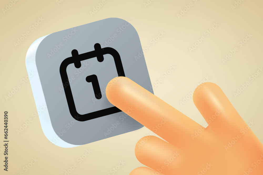 Poster hand pressing button with calendar sign. 3d vector illustration