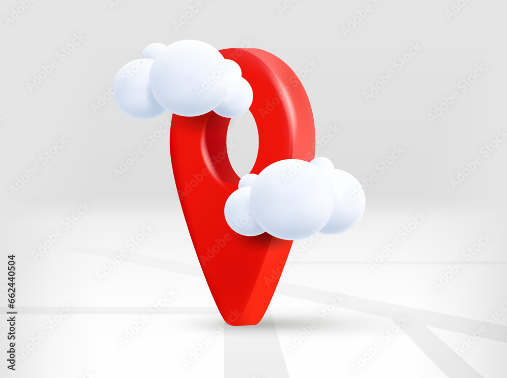 Aufkleber Red navigation pin with road map and clouds. 3d vector isolated illustration