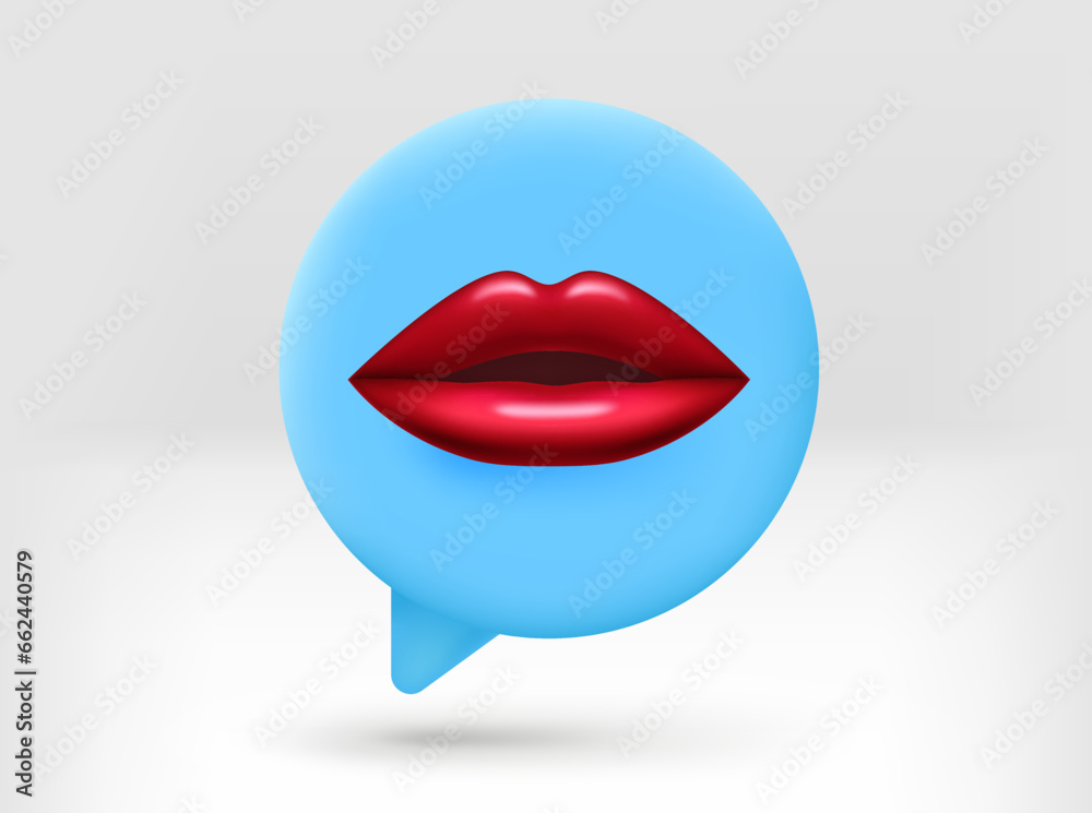 Poster speech cloud with red lips. 3d vector isolated illustration