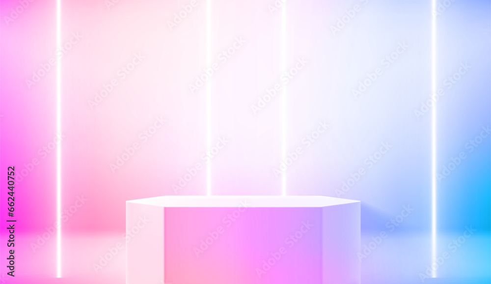 Poster vivid room with showcase and neon lamps. realistic showcase for advertisement. 3d style vector illus
