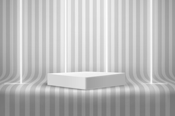Empty room with podium and neon lamps and stripes on the floor. 3d style vector illustration 