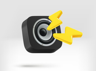 Loud music concept. Sound speaker with golden thunderbolts. 3d vector illustration