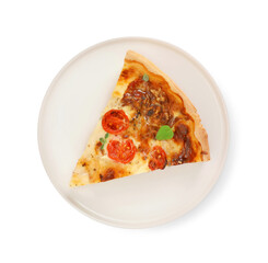 Piece of delicious homemade quiche prosciutto, tomatoes and greens isolated on white, top view