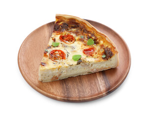 Piece of delicious homemade quiche with prosciutto, tomatoes and greens isolated on white