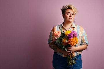 Modern lesbian young woman with short blonde hair on a pink background with flowers