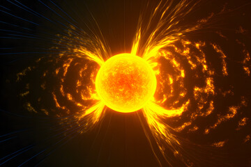 Solar prominence magnetosphere, magnetic field of magnetic induction line, solar powerful flare, and magnetic storms. Plasma flash on the surface of a star. Generative AI