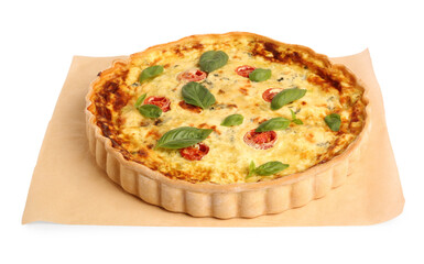 Delicious quiche with cheese, tomatoes and basil isolated on white