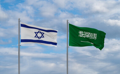 Israel and Saudi Arabia flags, country relationship concepts