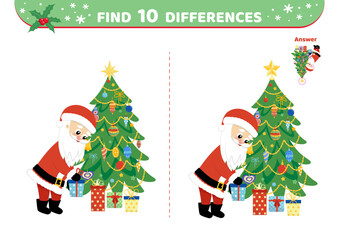 Fototapeta na wymiar Santa is putting presents under Christmas tree. Find 10 differences. Game. Flat, cartoon, vector