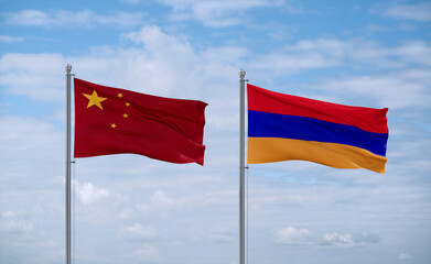 Armenia and China flags, country relationship concept