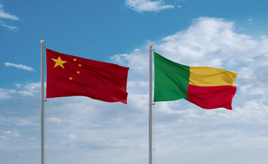 Benin and China flags, country relationship concept