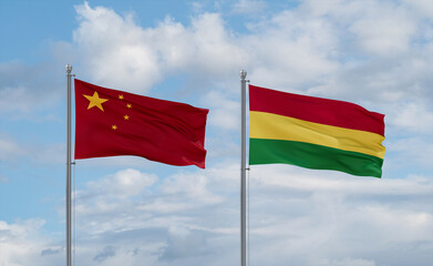Bolivia and China flags, country relationship concept