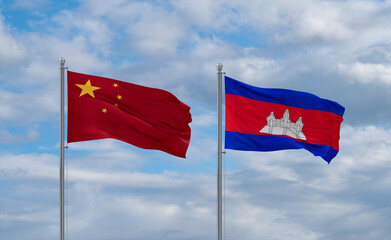 Cambodia and China flags, country relationship concept