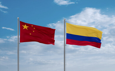 Colombia and China flags, country relationship concept