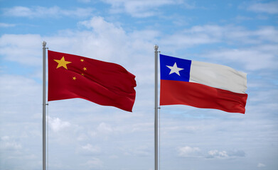 Chile and China flags, country relationship concept