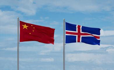 Iceland and China flags, country relationship concept