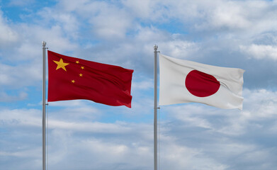 Japan and China flags, country relationship concept