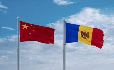 Moldova and China flags, country relationship concept