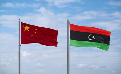 Libya and China flags, country relationship concept