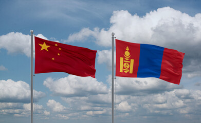 Mongolia and China flags, country relationship concept