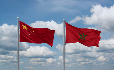 Morocco and China flags, country relationship concept