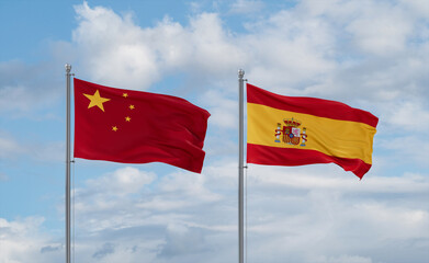 Spain and China flags, country relationship concept