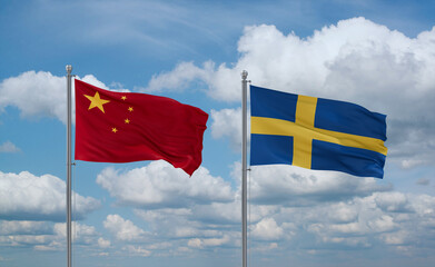 Sweden and China flags, country relationship concept