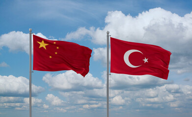 Turkey and China flags, country relationship concept