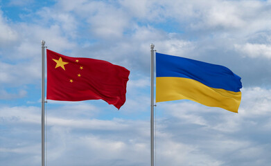 Ukraine and China flags, country relationship concept