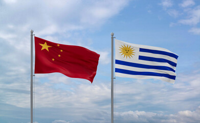 Uruguay and China flags, country relationship concept