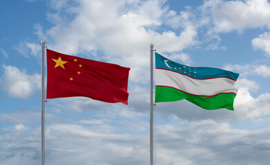 Uzbekistan and China flags, country relationship concept