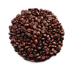 Pile of roasted coffee beans isolated on white, top view